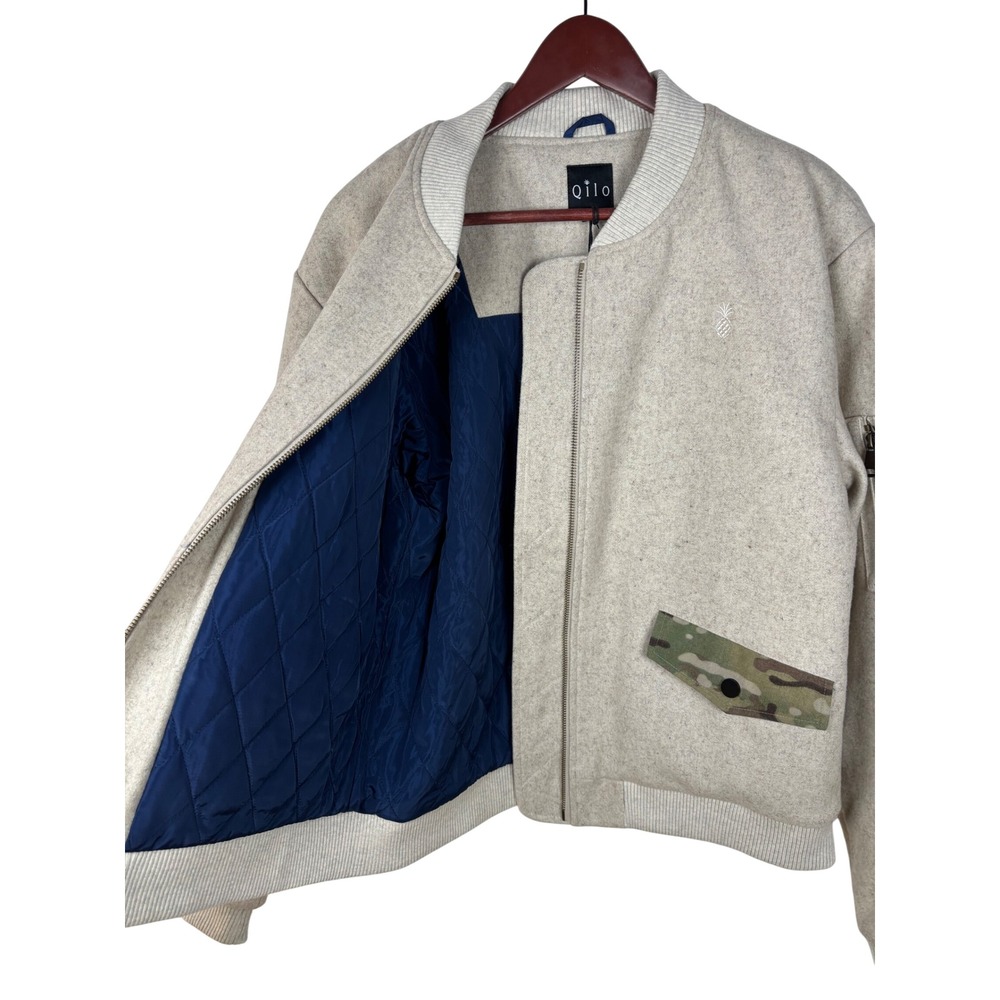 Qilo Wool Bomber Jacket Large Cream MultiCam Camo Tactical Quilted Lining NEW - Picture 4 of 12